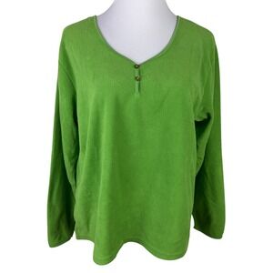 Simple Pleasures Women's 1X Lime Green Fleece Henley V-Neck Pullover Top